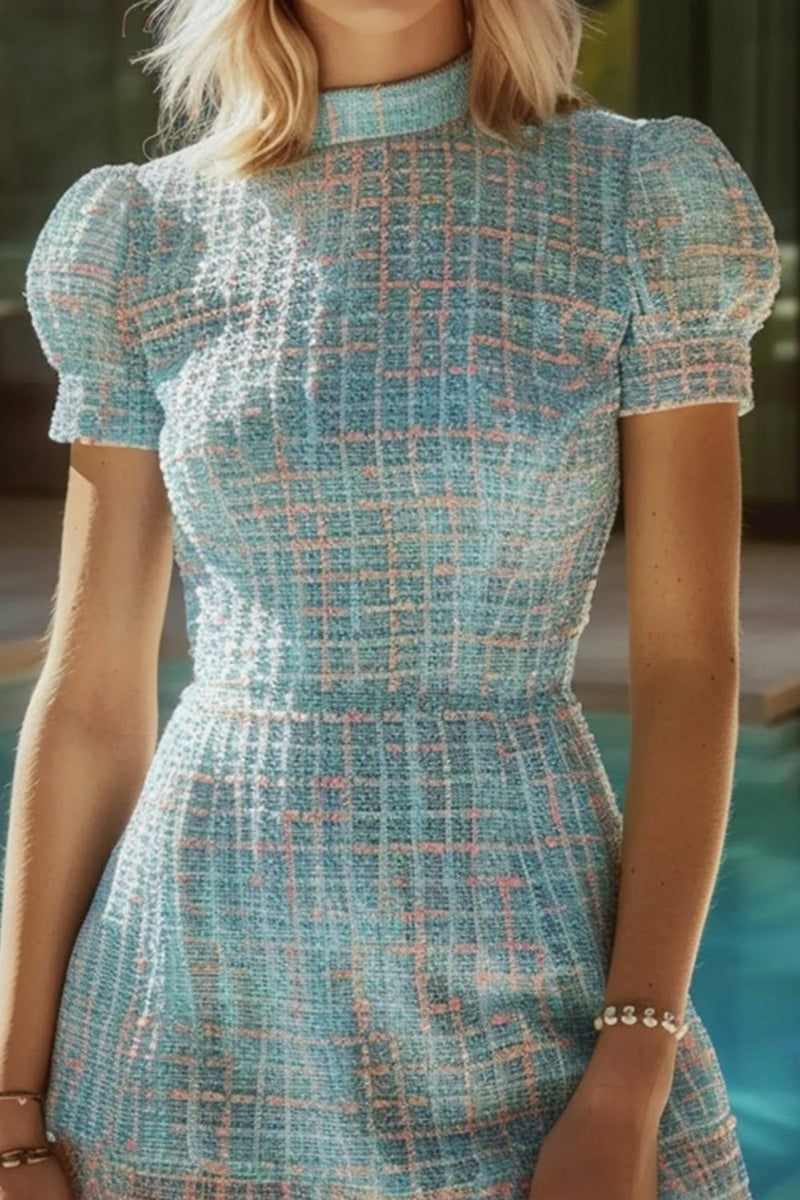 Load image into Gallery viewer, Blue Plaid Tweed High Neck Tight Short Homecoming Dress with Sleeves