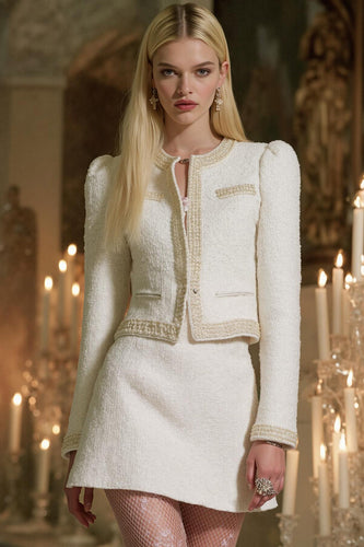 White 2 Piece Tweed Round Neck Tight Homecoming Outfits with Sleeves