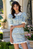 Load image into Gallery viewer, Blue 2 Piece Plaid Tweed Tight Ruffled Homecoming Outfits with Buttons