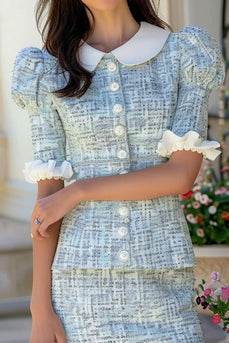 Blue 2 Piece Plaid Tweed Tight Ruffled Homecoming Outfits with Buttons