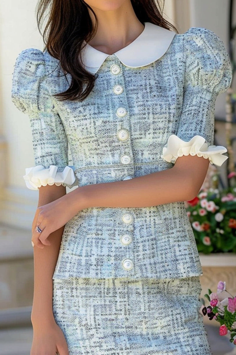 Load image into Gallery viewer, Blue 2 Piece Plaid Tweed Tight Ruffled Homecoming Outfits with Buttons