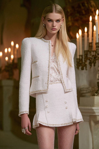 White Tweed 2 Piece Long Sleeves Homecoming Outfits with Buttons