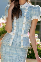 Load image into Gallery viewer, Blue 2 Piece Ruffled Tweed Tight Homecoming Outfits with Buttons