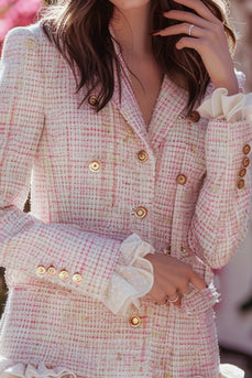 Light Pink Plaid Tweed Tight Short Homecoming Dress with Ruffles