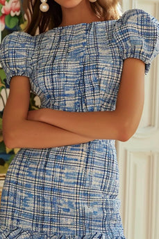 Blue Tweed Tight Bateau Neck Short Homecoming Dress with Ruffles