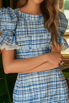 Blue Tight Tweed Round Neck Short Homecoming Dress with Ruffles