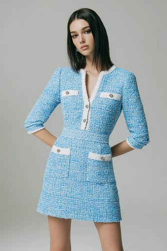 Blue Tweed Buttons V-Neck Short Homecoming Dress with Pockets