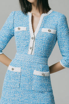 Blue Tweed Buttons V-Neck Short Homecoming Dress with Pockets