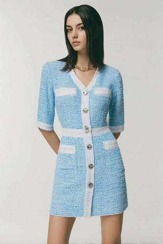 Blue Tweed Tight V-Neck Short Homecoming Dress with Pockets