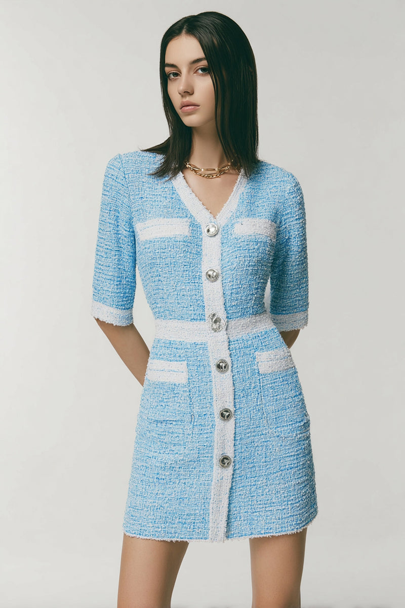 Load image into Gallery viewer, Blue Tweed Tight V-Neck Short Homecoming Dress with Pockets