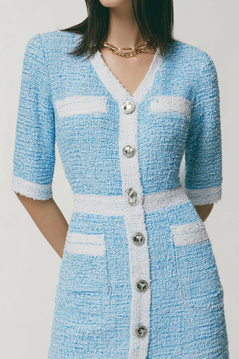 Load image into Gallery viewer, Blue Tweed Tight V-Neck Short Homecoming Dress with Pockets