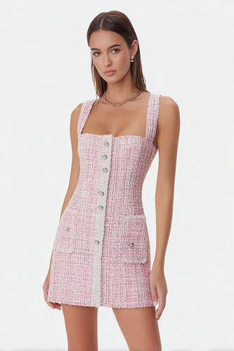 Pink Tweed Tight Square Neck Short Homecoming Dress with Buttons
