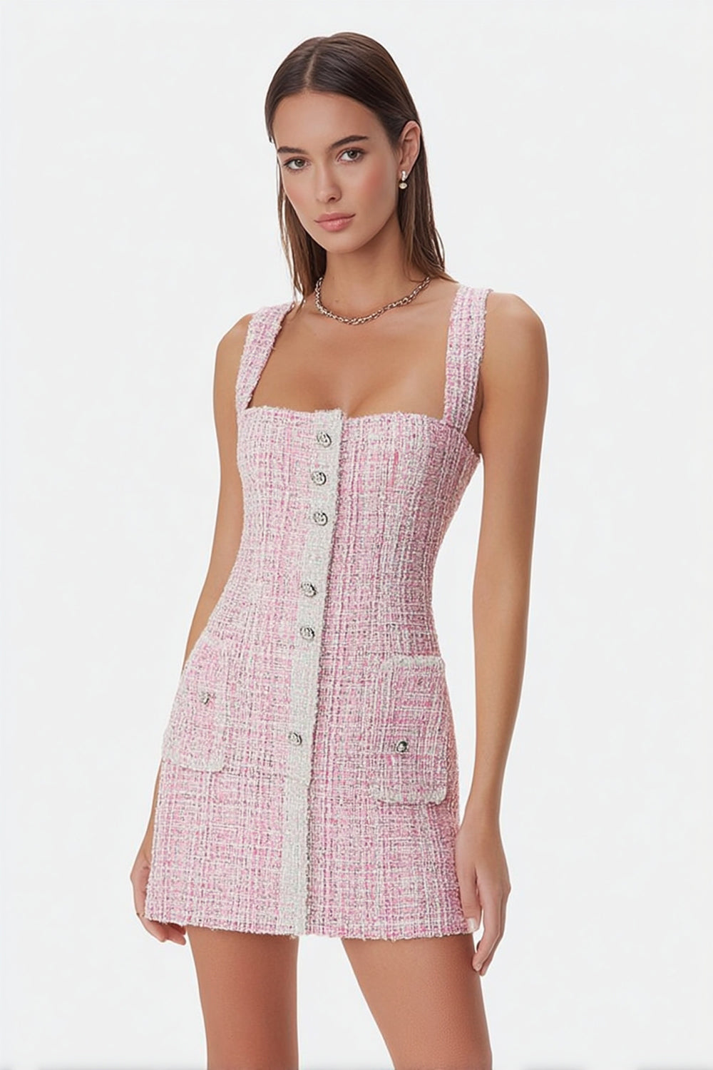 Pink Tweed Tight Square Neck Short Homecoming Dress with Buttons
