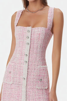Pink Tweed Tight Square Neck Short Homecoming Dress with Buttons