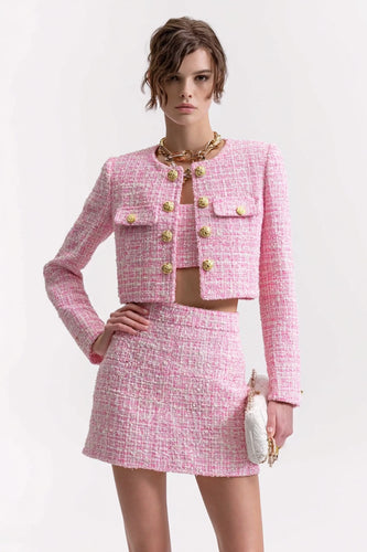 Pink Tweed 3 Piece Short Blazer Homecoming Outfits with Pockets