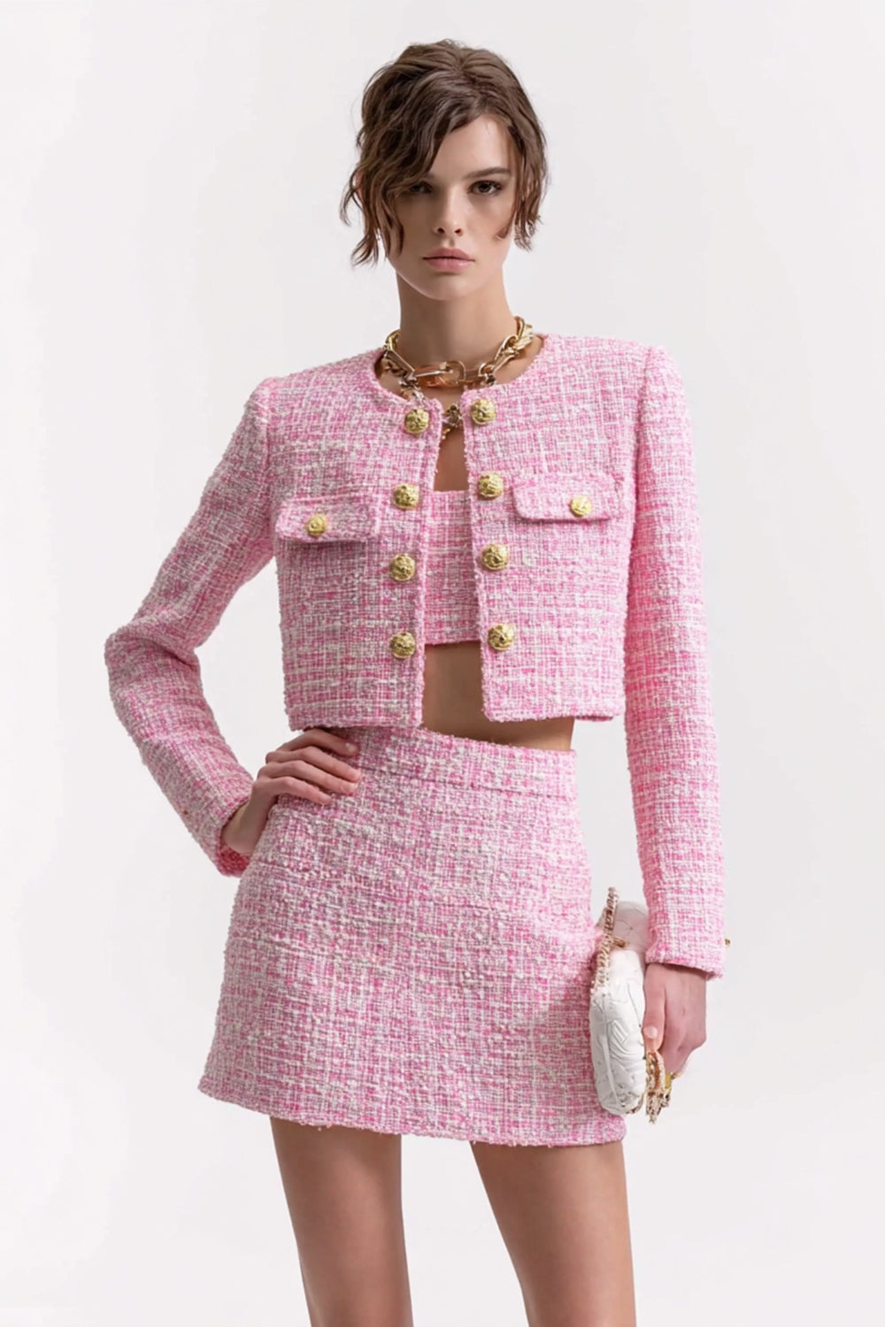 Pink Tweed 3 Piece Short Blazer Homecoming Outfits with Pockets