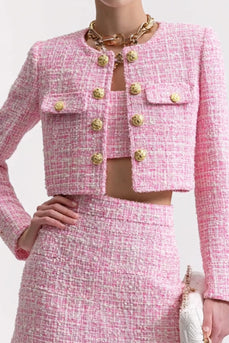 Pink Tweed 3 Piece Short Blazer Homecoming Outfits with Pockets