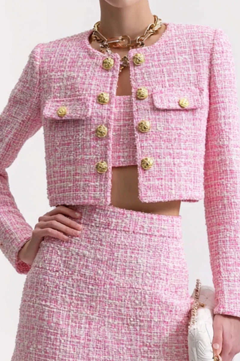 Load image into Gallery viewer, Pink Tweed 3 Piece Short Blazer Homecoming Outfits with Pockets