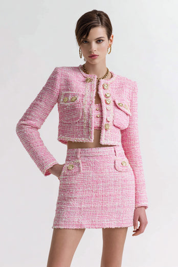 3 Piece Pink Tweed Short Blazer Homecoming Outfits with Pockets