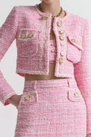 Load image into Gallery viewer, 3 Piece Pink Tweed Short Blazer Homecoming Outfits with Pockets