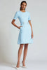 Load image into Gallery viewer, Blue Tweed A Line Round Neck Short Sleeves Homecoming Dress