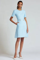 Load image into Gallery viewer, Blue Tweed A Line Round Neck Short Sleeves Homecoming Dress
