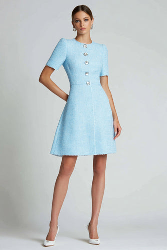 Tweed Blue A Line Buttons Short Homecoming Dress with Sleeves