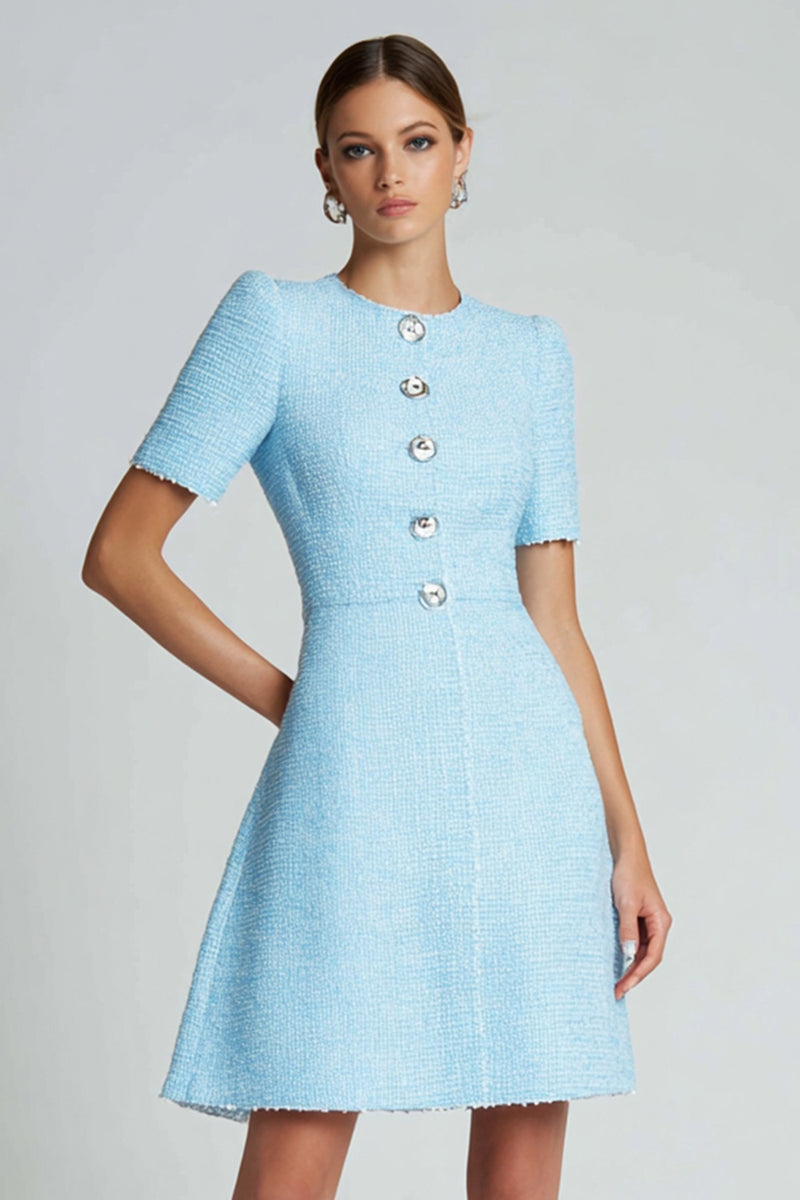 Load image into Gallery viewer, Tweed Blue A Line Buttons Short Homecoming Dress with Sleeves