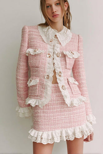 Pink Tweed Lapel 2 Piece Short Blazer Homecoming Outfits with Ruffles