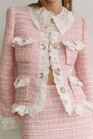 Load image into Gallery viewer, Pink Tweed Lapel 2 Piece Short Blazer Homecoming Outfits with Ruffles