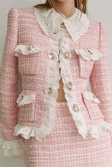Pink Tweed Lapel 2 Piece Short Blazer Homecoming Outfits with Ruffles