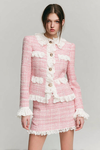 Pink Tweed 2 Piece Blazer Short Homecoming Outfits with Lace