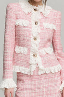 Load image into Gallery viewer, Pink Tweed 2 Piece Blazer Short Homecoming Outfits with Lace