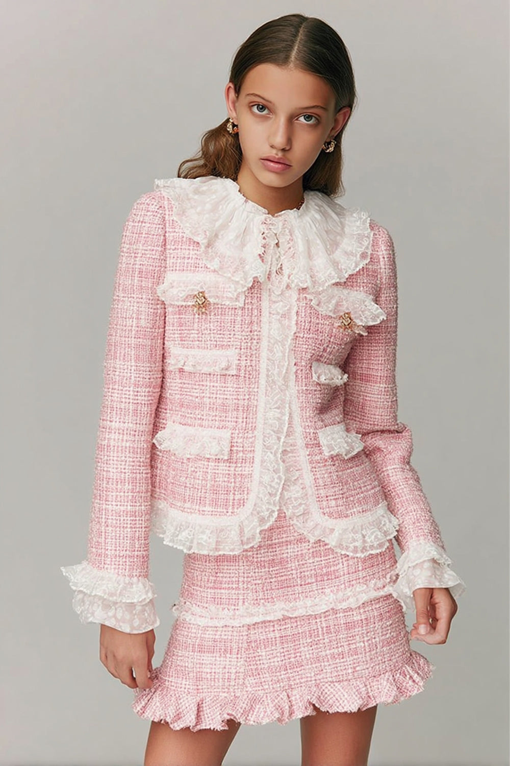 Pink 2 Piece Tweed Ruffled Blazer Short Homecoming Outfits with Lace