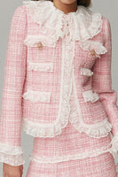 Load image into Gallery viewer, Pink 2 Piece Tweed Ruffled Blazer Short Homecoming Outfits with Lace