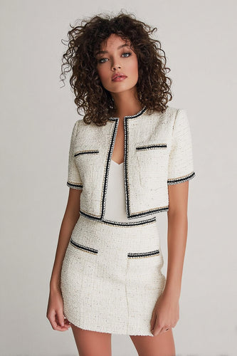 White Tweed 2 Piece Blazer Short Pageant Interview Outfits with Pockets