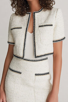 White Tweed 2 Piece Blazer Short Pageant Interview Outfits with Pockets