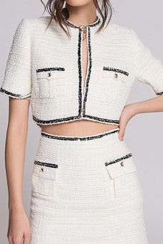 2 Piece Tweed White Short Blazer Pageant Interview Outfits with Sleeves
