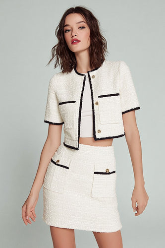 Tweed White 2 Piece Blazer Short Pageant Interview Outfits with Buttons