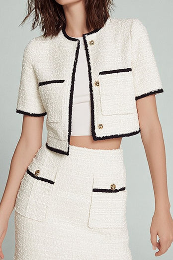 Tweed White 2 Piece Blazer Short Pageant Interview Outfits with Buttons