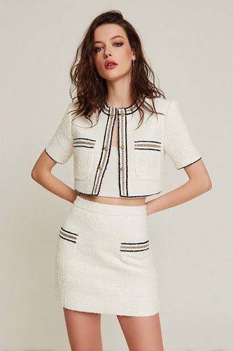 White 2 Piece Tweed Blazer Short Pageant Interview Outfits with Pockets