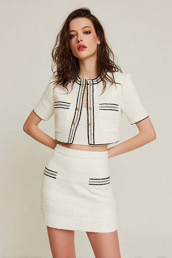 White 2 Piece Tweed Blazer Short Pageant Interview Outfits with Pockets