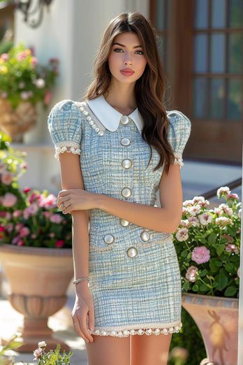 Queendancer Women Blue Tweed Short Homecoming Dress with Buttons Tight Pearls Peter Pan Collar Pageant Interview Dress with Sleeves