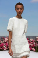 Load image into Gallery viewer, Simple White Tweed Tiered Short Homecoming Dress with Sleeves