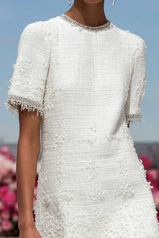 Simple White Tweed Tiered Short Homecoming Dress with Sleeves