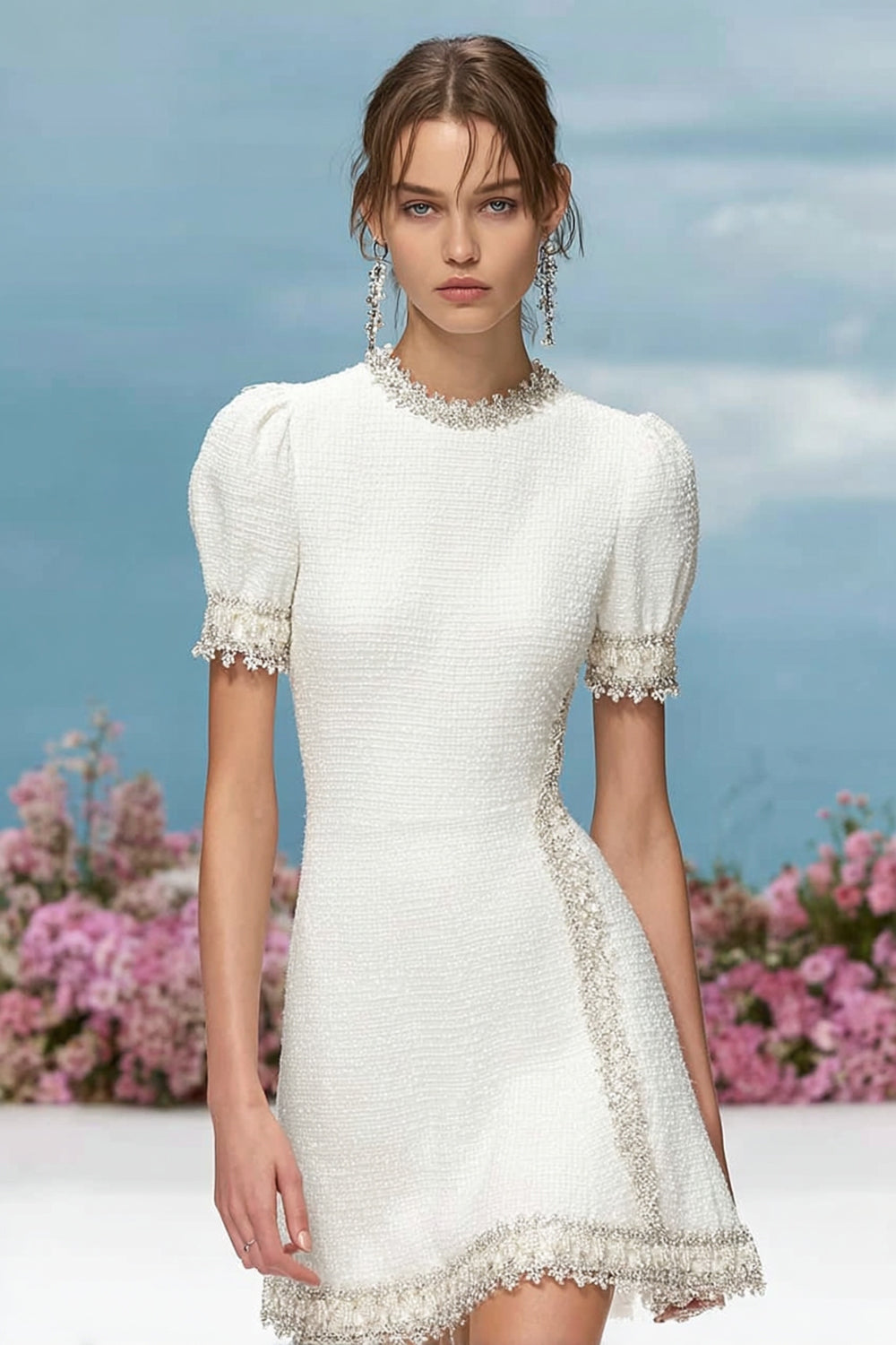 White Round Neck Tweed Short Homecoming Dress with Appliques