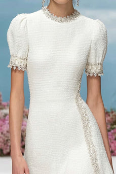White Round Neck Tweed Short Homecoming Dress with Appliques