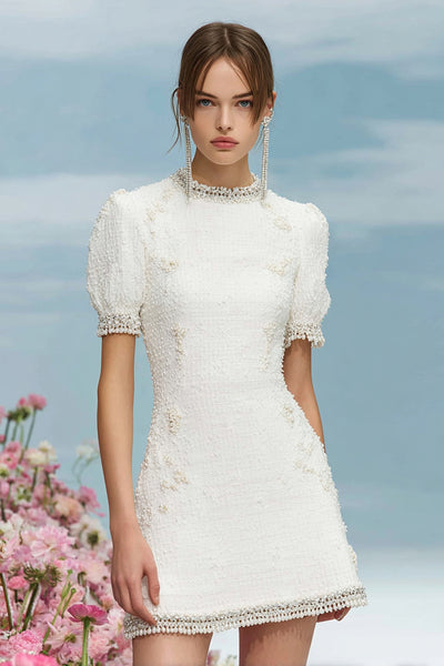 Tweed White Round Neck Short Homecoming Dress