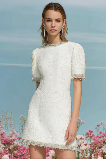 Tweed White Round Neck Short Sleeves Homecoming Dress
