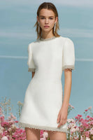 Load image into Gallery viewer, Tweed White Round Neck Short Sleeves Homecoming Dress